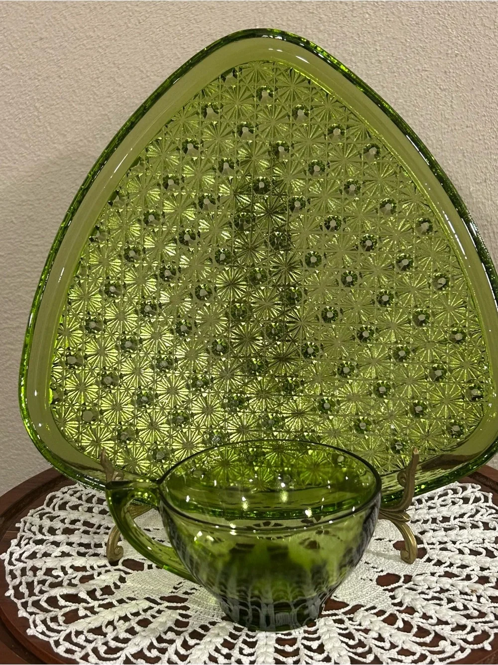 Green Vintage Pressed Glass Cup & Tray Set